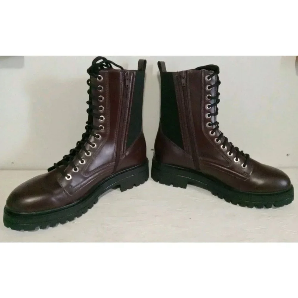 No Boundaries Women's Brown Faux Leather Combat Boot, Size 10, Brown/Black - Picture 4 of 6